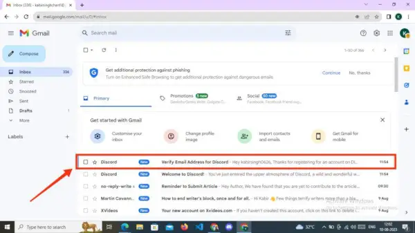 Apri la tua email e fai clic su Email di verifica Discord