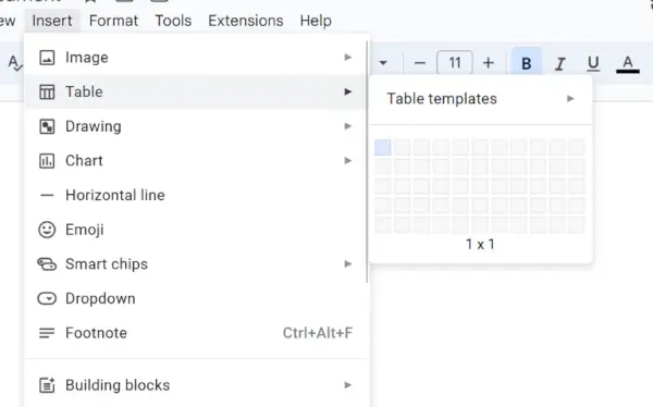 Auswahl von 1 x 1 Tabellenzelle