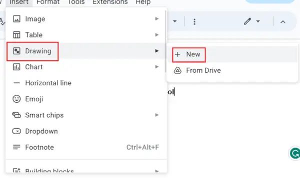 Selecting Drawing>Neue Option