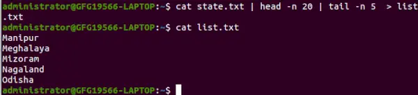 using `>`operatore nel comando tail