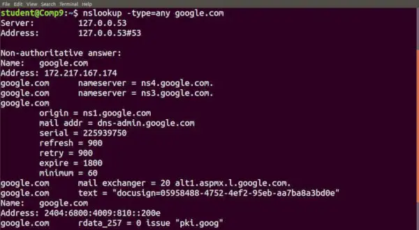 nslookup -type=any google.com