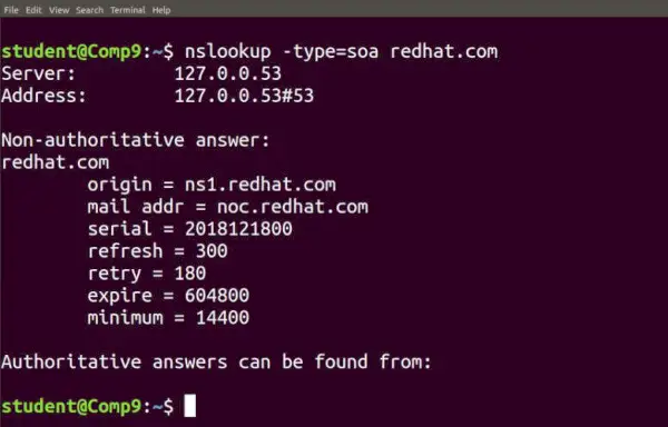 nslookup -type=soa redhat.com