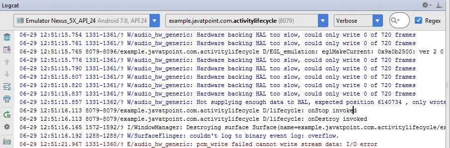 Esempio di output del ciclo di vita dell'attività Android 10