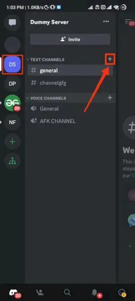 Vælg din server og klik på (+) ikonet for at oprette en kanal
