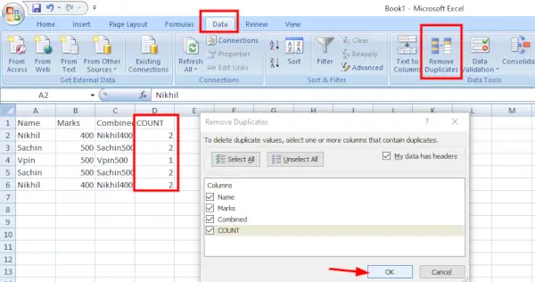 saīsne, lai noņemtu dublikātus programmā Excel