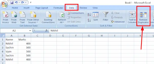 noņemiet dublikātus Excel formulā