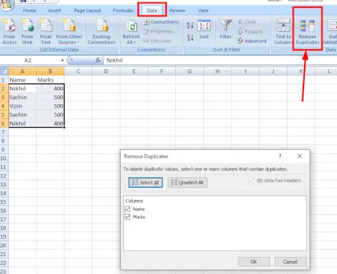 opciju noņemt dublikātus programmā Excel