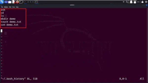 Otváranie súboru histórie bash vo Vime