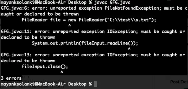 Ieșirea excepției Java Checked