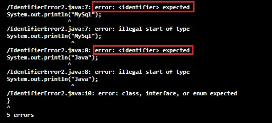 Errore previsto per l'identificatore in Java