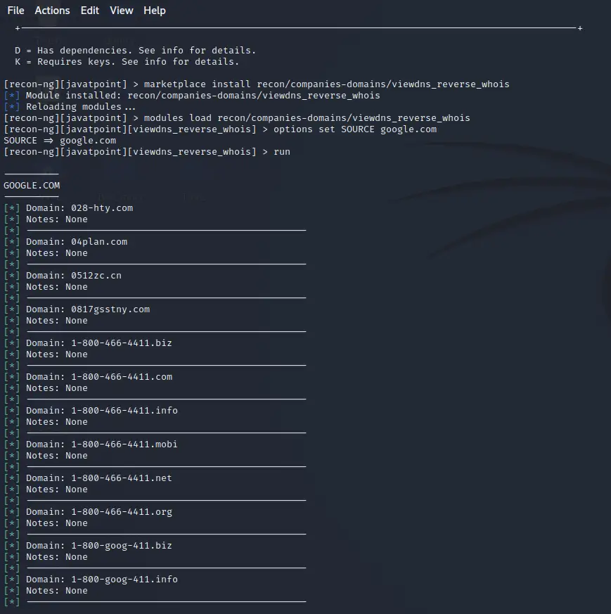 Recon-ng tiedonkeruutyökalu Kali Linuxissa