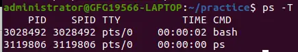 ps -T parinktis, skirta nurodyti Linux sistemoje veikiančius procesus