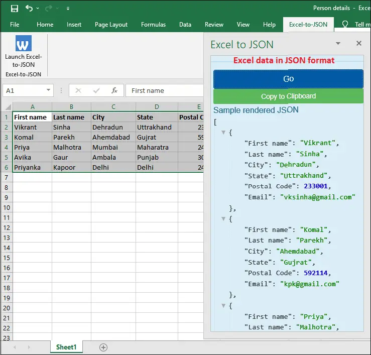 Excel'i JSON'a nasıl dönüştürebilirim?