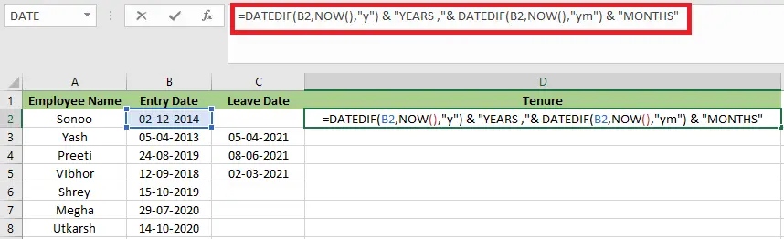 Tenure formulė Excel