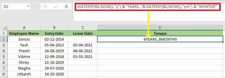 Tenure formulė Excel