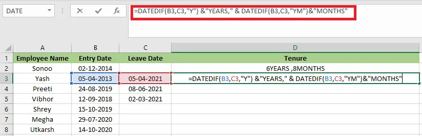 Tenure formulė Excel