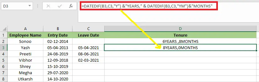 Tenure formulė Excel