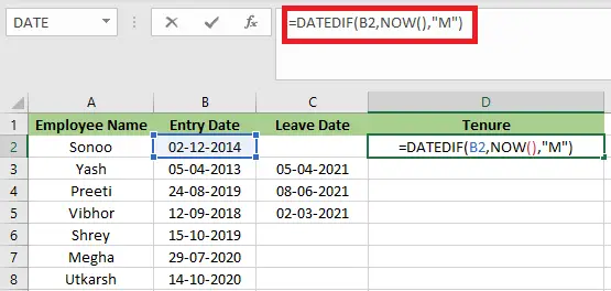 Excel の在職期間の計算式