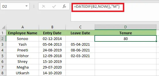 Tenure-Formel in Excel