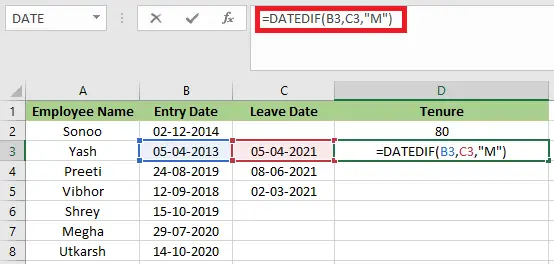 Tenure formulė Excel