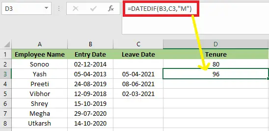 Excel の在職期間の計算式