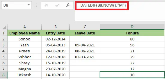 Excel の在職期間の計算式