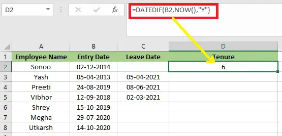 Excel の在職期間の計算式