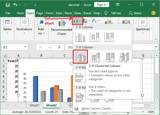 أنواع المخططات في Excel