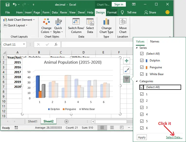 أنواع المخططات في Excel