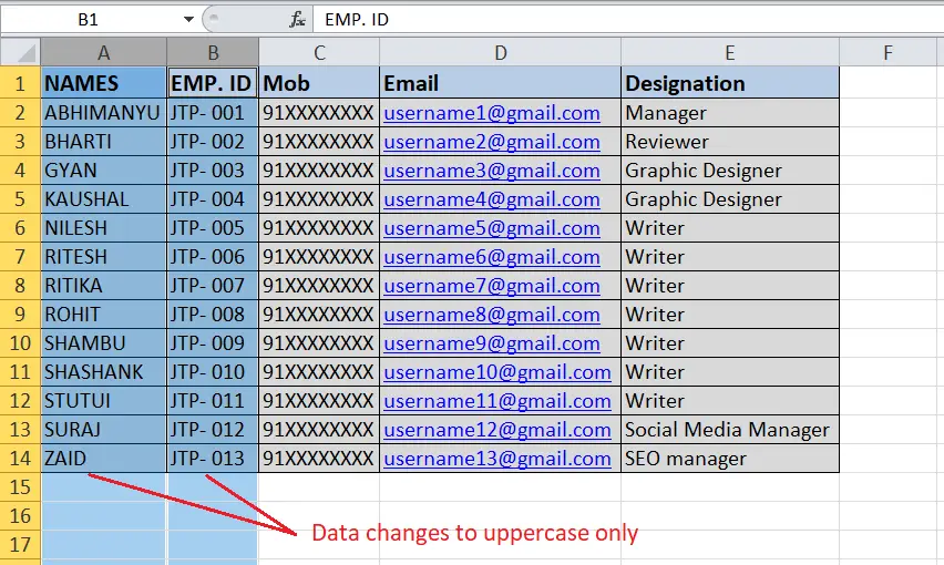 Snelkoppeling in hoofdletters in Excel