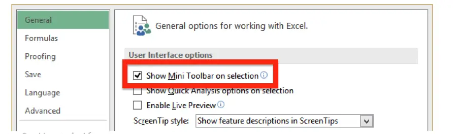 miniwerkbalk in Excel