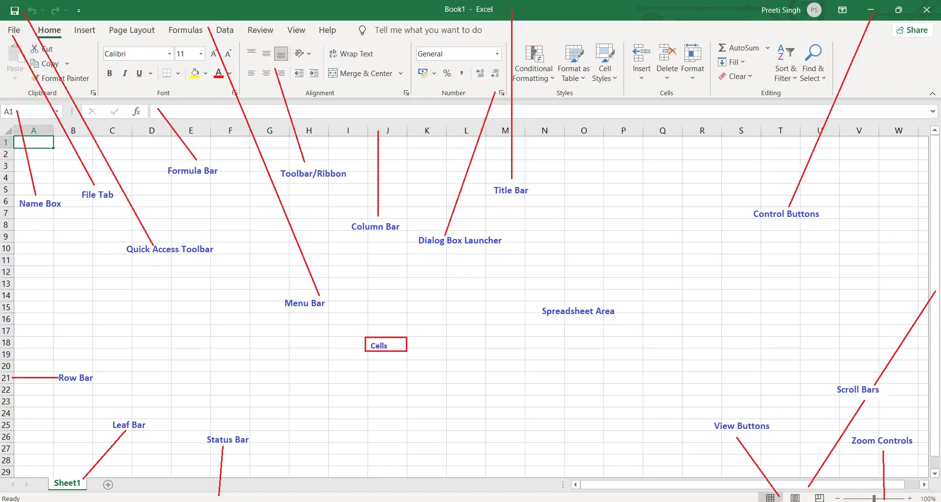 Delen van MS Excel-venster