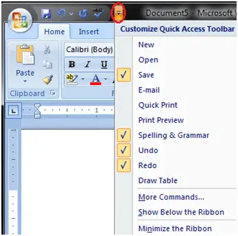 Barre d'outils d'accès rapide MS Word 2