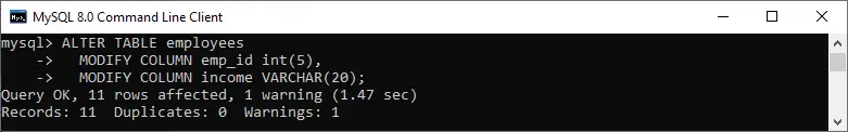 MySQL Canvia el tipus de columna