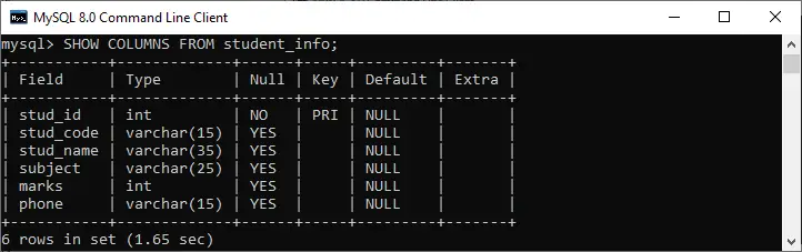 MySQL הצג עמודות