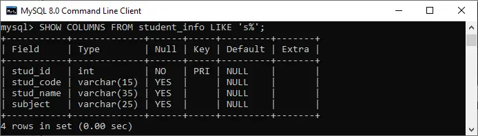 MySQL הצג עמודות