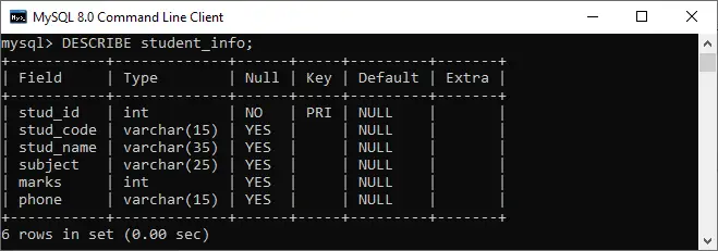 MySQL הצג עמודות