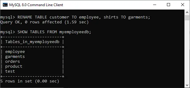 Tabela de renomeação do MySQL