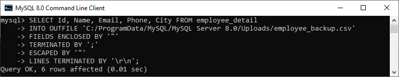 Table d'exportation MySQL vers CSV