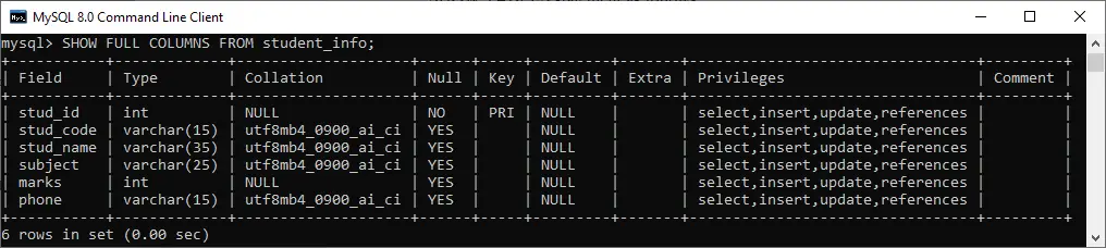 MySQL DESCRIBE TABLE