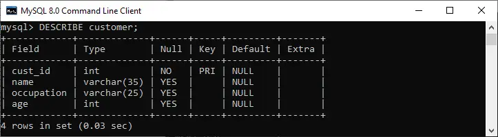 MySQL DESCRIPE TABLE