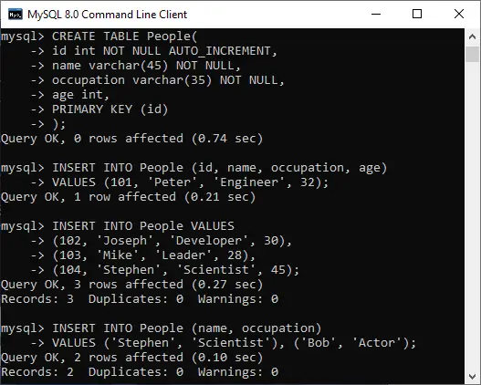 Declaración INSERT de MySQL