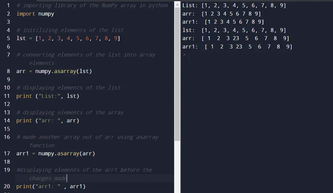 Convertiți lista Python în matrice NumPy