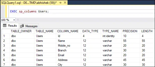 Tabella descrittiva di SQL Server