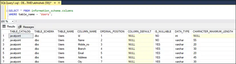 جدول وصف خادم SQL