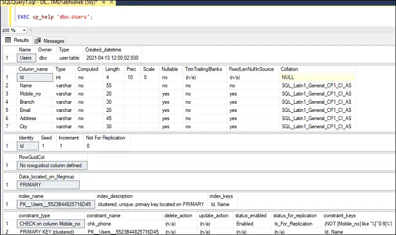 Tabella descrittiva di SQL Server