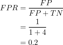 egin{aligned} FPR &= frac{FP}{FP + TN} &= frac{1}{1+ 4} &= 0.2 end{aligned}