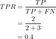 egin{aligned} TPR &= frac{TP}{TP + FN} &= frac{2}{2+ 3} &= 0.4 end{aligned}