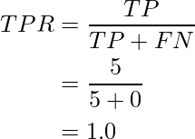 egin{aligned} TPR &= frac{TP}{TP + FN} &= frac{5}{5+ 0} &= 1.0 end{aligned}